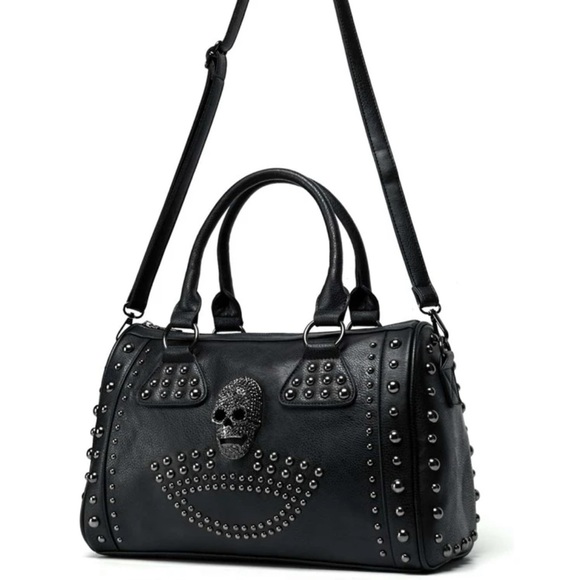 ☠️ Skull Studded Punk Moto Black Tote Crossbody Bag - Picture 7 of 16